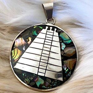 Vintage Two-Sided Sterling Silver Pendant - Mother of Pearl & Turquoise 2 1/8”